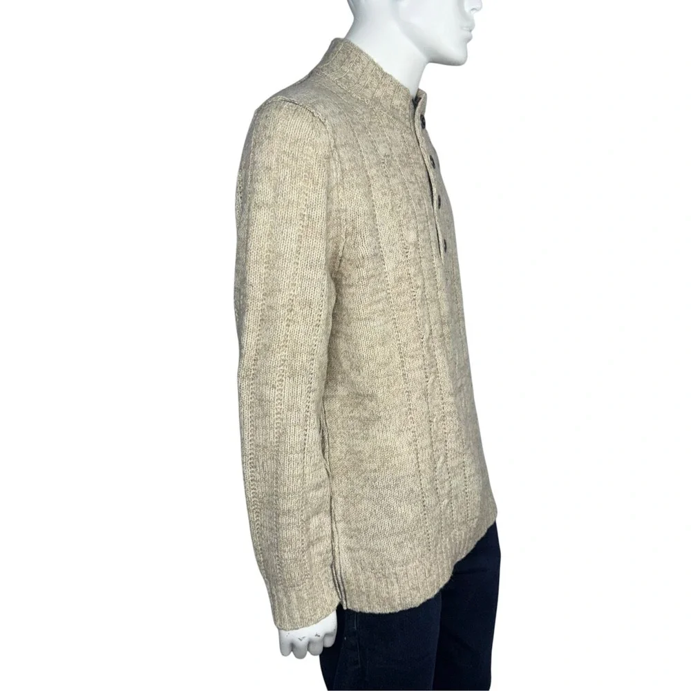 Tommy Bahama Mens XL Lambswool Cable Knit Mock Neck Button Sweater Oatmeal